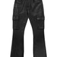 The Purple Brand P004-CFVR Coated Cargo Flare Black pants by PURPLE BRAND are black stretch denim with multiple coated thigh side pockets, featuring a low-rise boot-cut with a button and zipper closure.