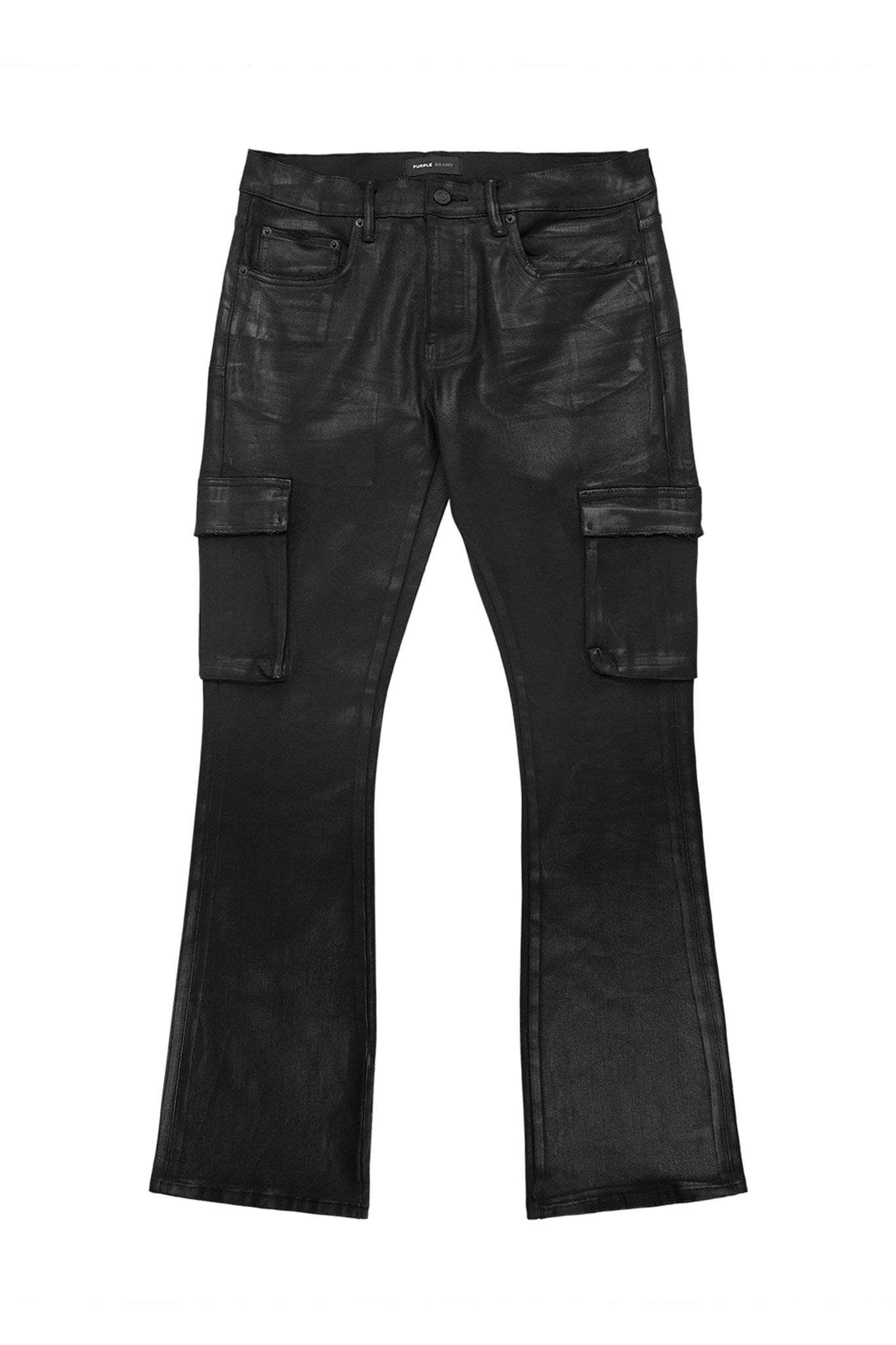 The Purple Brand P004-CFVR Coated Cargo Flare Black pants by PURPLE BRAND are black stretch denim with multiple coated thigh side pockets, featuring a low-rise boot-cut with a button and zipper closure.