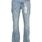Light blue Purple Brand P004-FOBL425 Flare Mono Embossed Indigo jeans featuring a faded texture, white X and O stitching, embossed indigo accents, and "PURPLE BRAND" tags near the waistband and pocket.