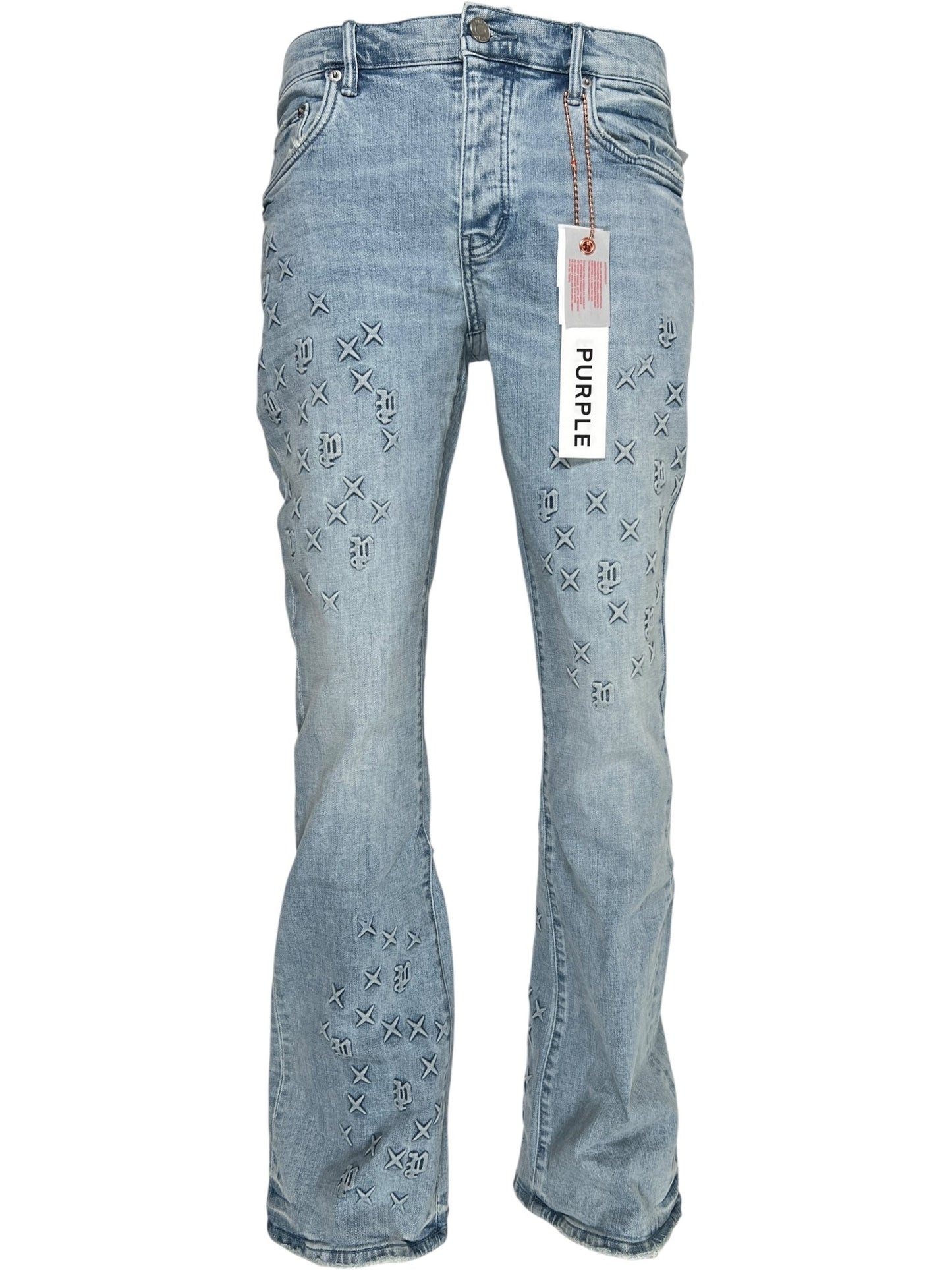 Light blue Purple Brand P004-FOBL425 Flare Mono Embossed Indigo jeans featuring a faded texture, white X and O stitching, embossed indigo accents, and "PURPLE BRAND" tags near the waistband and pocket.