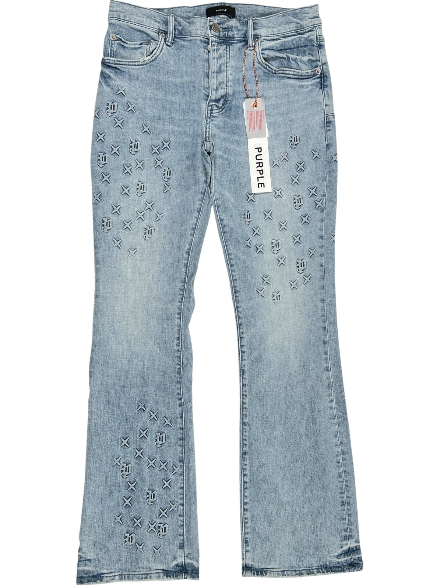 The PURPLE BRAND P004-FOBL425 Flare Mono Embossed Indigo jeans feature a light blue wash, subtle fading, straight legs, and an all-over stitched "X" and "O" pattern, with a "PURPLE" tag attached to a belt loop.