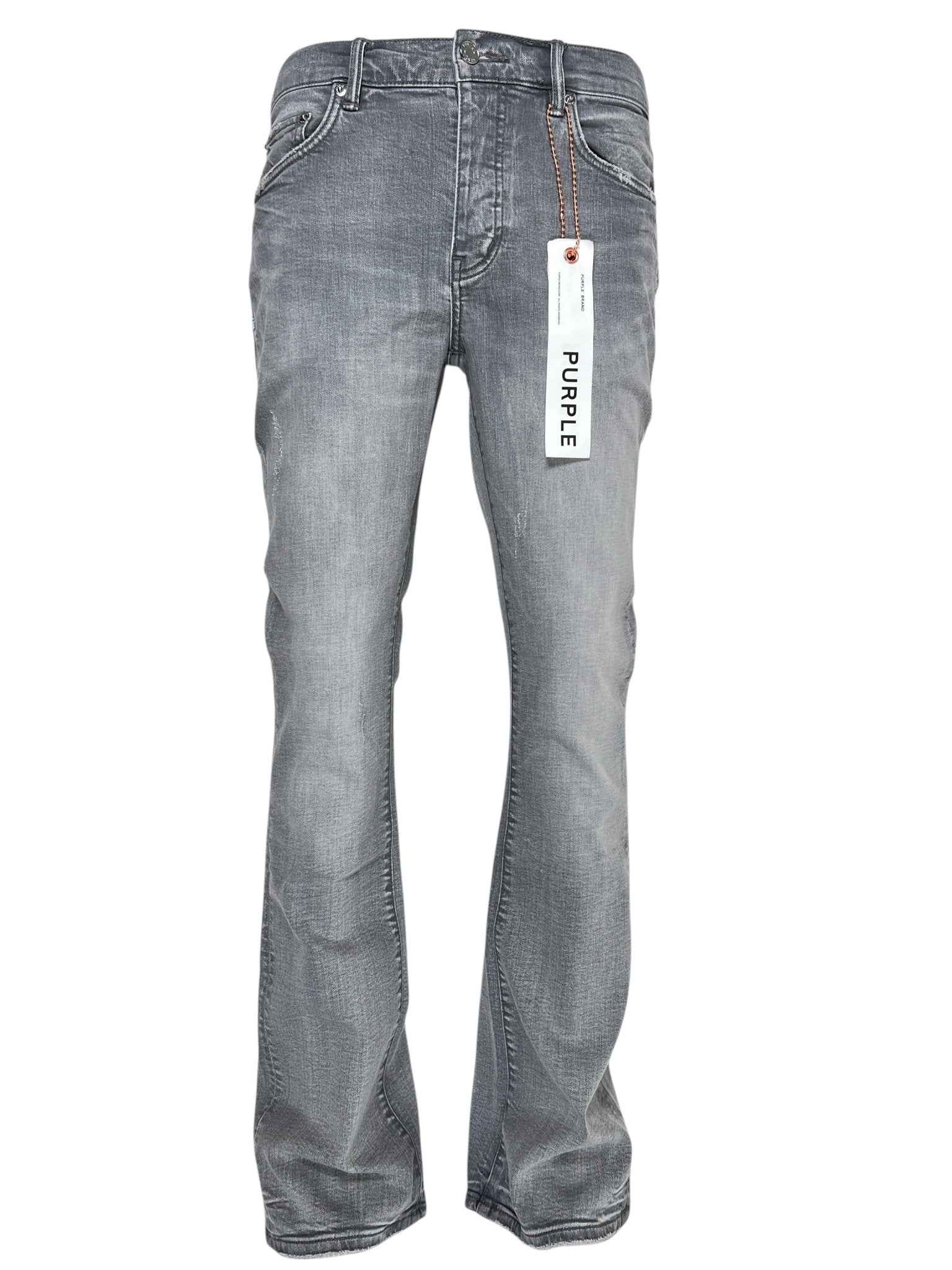 The Purple Brand P004-FTMY325 Flare Stormy Ski Grey men's jeans feature premium stretch grey washed denim and a white "PURPLE" tag on the front belt loop.