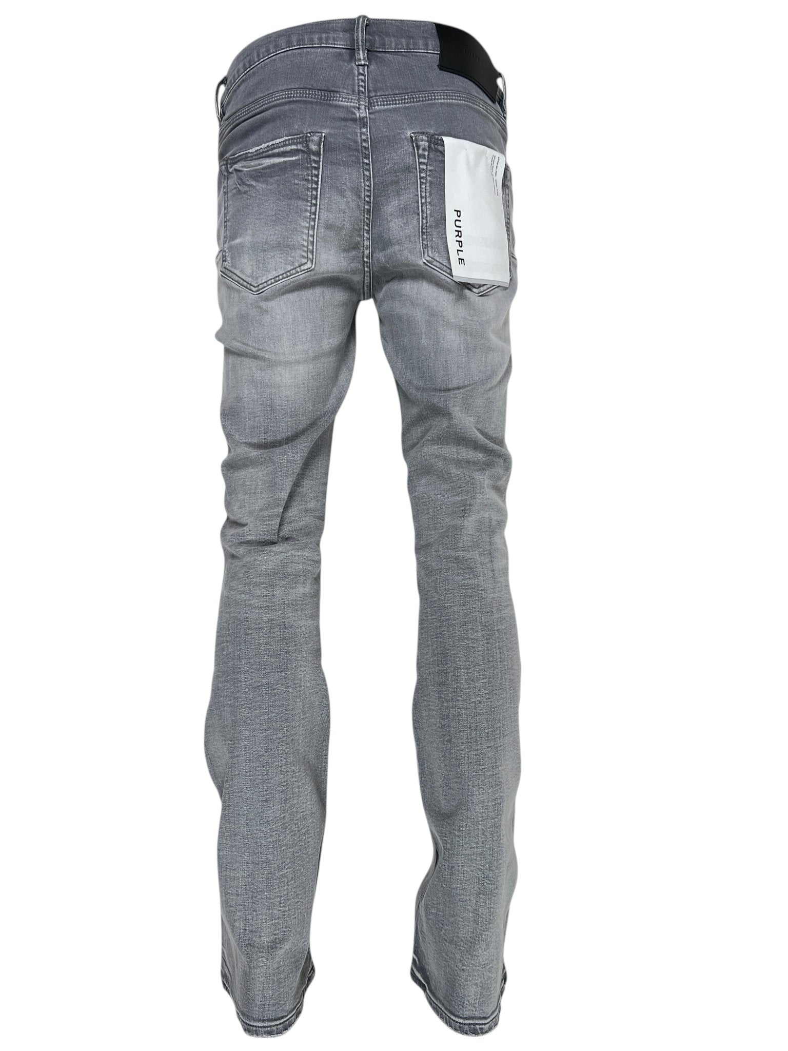 Back view of Purple Brand P004-FTMY325 Flare Stormy Ski Grey men’s jeans in gray stretch denim with slight fading and a white "PURPLE" tag on the right back pocket.