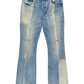 The Purple Brand P004-GBMF Gaia Blowout Flare Indigo Denim jeans, by PURPLE BRAND, feature a button and zipper closure with two front and two back pockets, presented against a plain background.