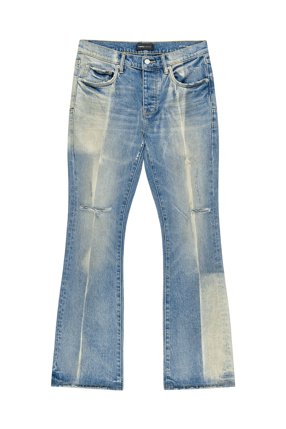 The Purple Brand P004-GBMF Gaia Blowout Flare Indigo Denim jeans, by PURPLE BRAND, feature a button and zipper closure with two front and two back pockets, presented against a plain background.