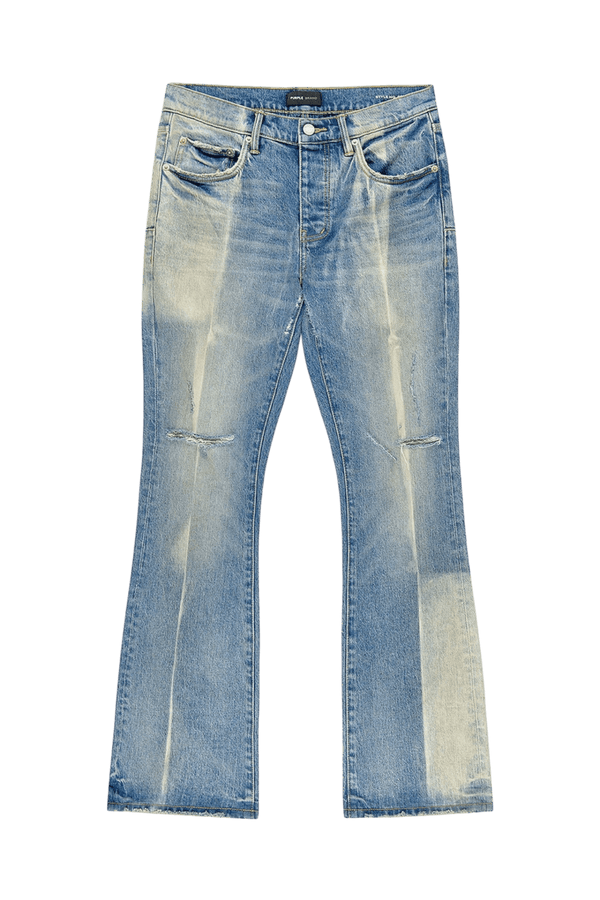 The Purple Brand P004-GBMF Gaia Blowout Flare Indigo Denim jeans, by PURPLE BRAND, feature a button and zipper closure with two front and two back pockets, presented against a plain background.