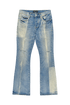 The Purple Brand P004-GBMF Gaia Blowout Flare Indigo Denim jeans, by PURPLE BRAND, feature a button and zipper closure with two front and two back pockets, presented against a plain background.