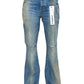 The Purple Brand P004-GBMF Gaia Blowout Flare Indigo Denim is a stylish Spring/Summer 2025 piece featuring blue distressed jeans with visible wear patterns and a white tag labeled "PURPLE" on the waistband.