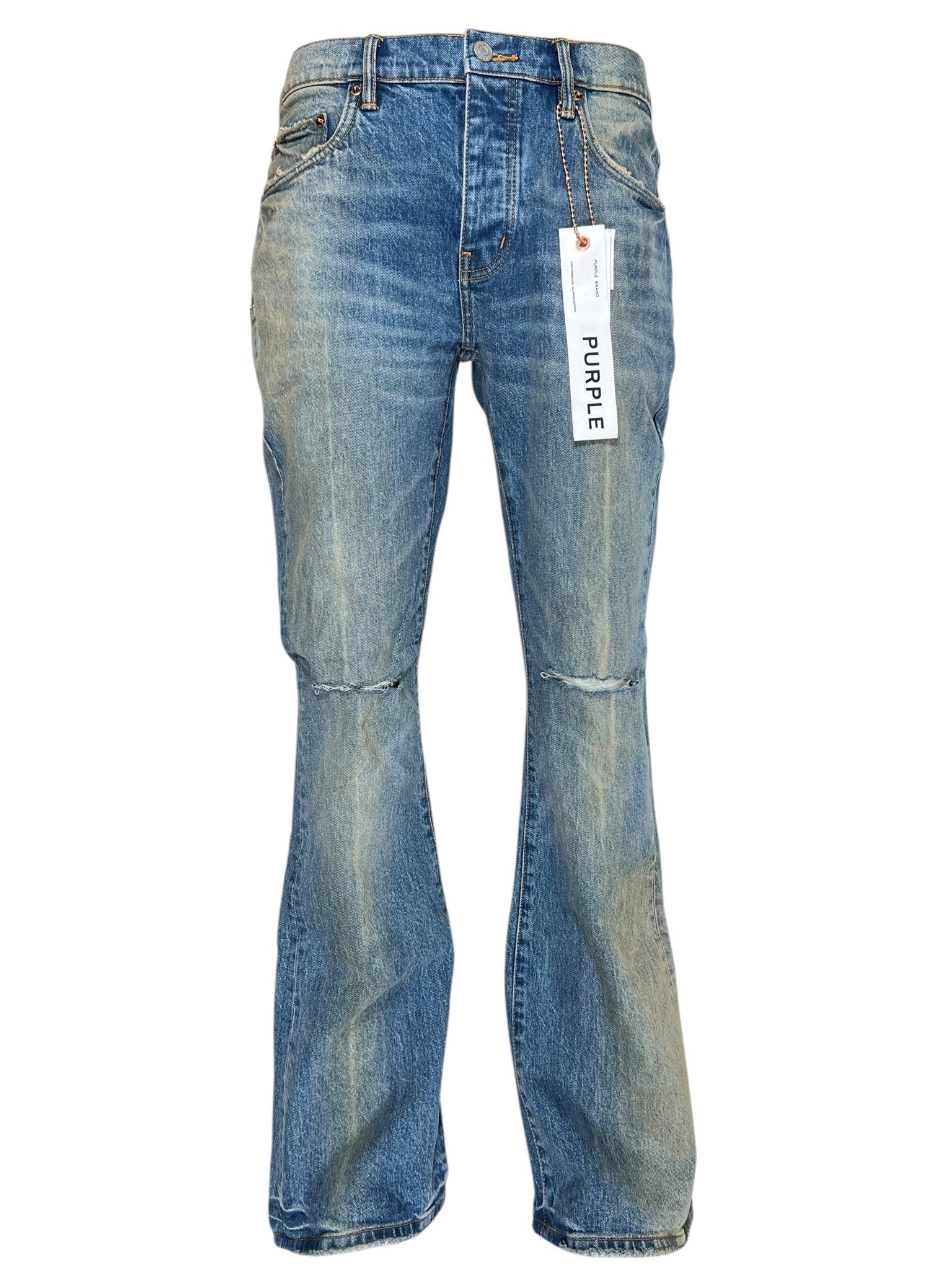 The Purple Brand P004-GBMF Gaia Blowout Flare Indigo Denim is a stylish Spring/Summer 2025 piece featuring blue distressed jeans with visible wear patterns and a white tag labeled "PURPLE" on the waistband.