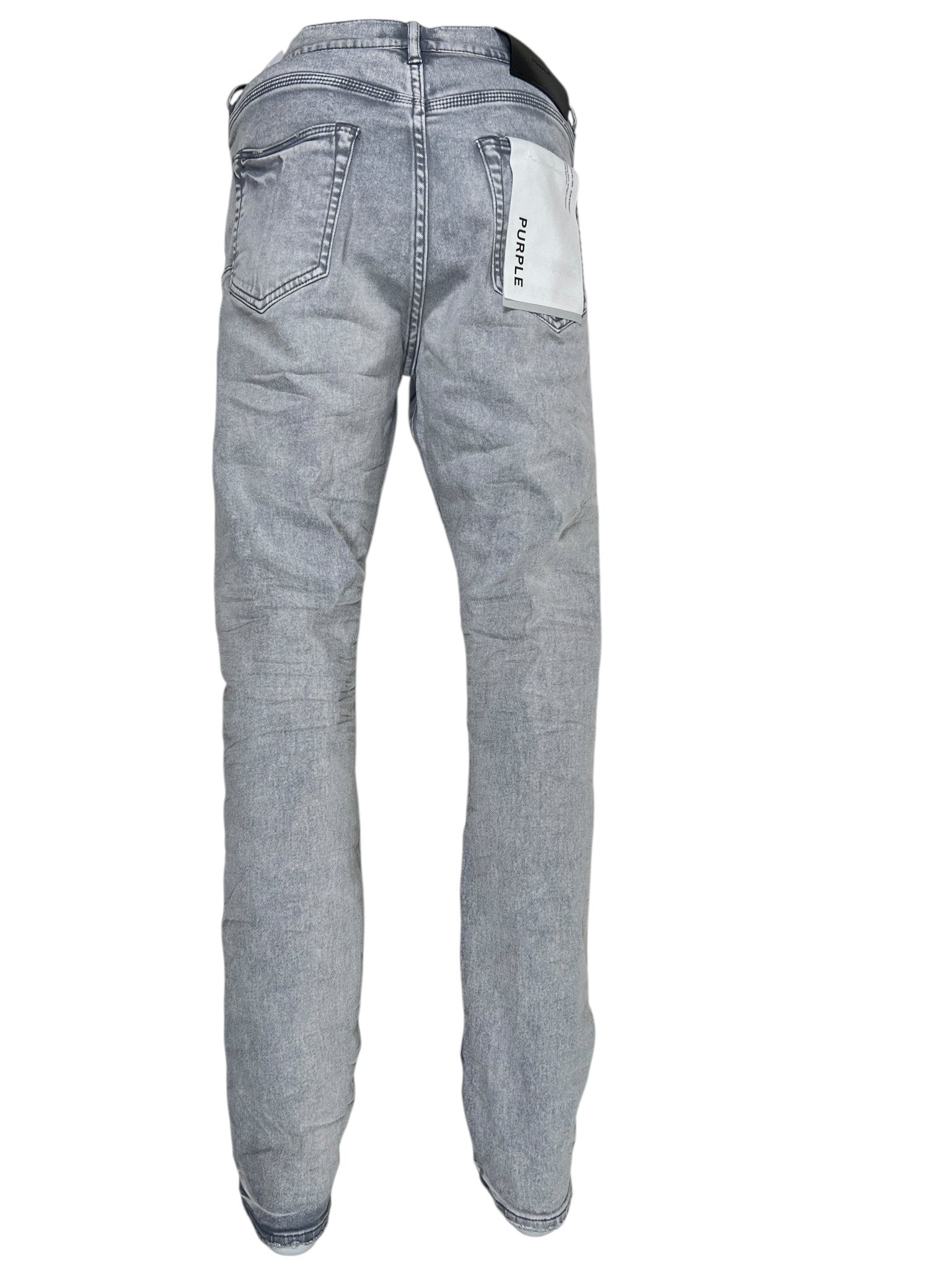 The Purple Brand P005-AYDG325 Alloy Studs Overdyed Grey men’s jeans feature premium stretch denim in light gray, two rear pockets, a white "PURPLE" label on the right pocket, and a comfy button-fly closure.