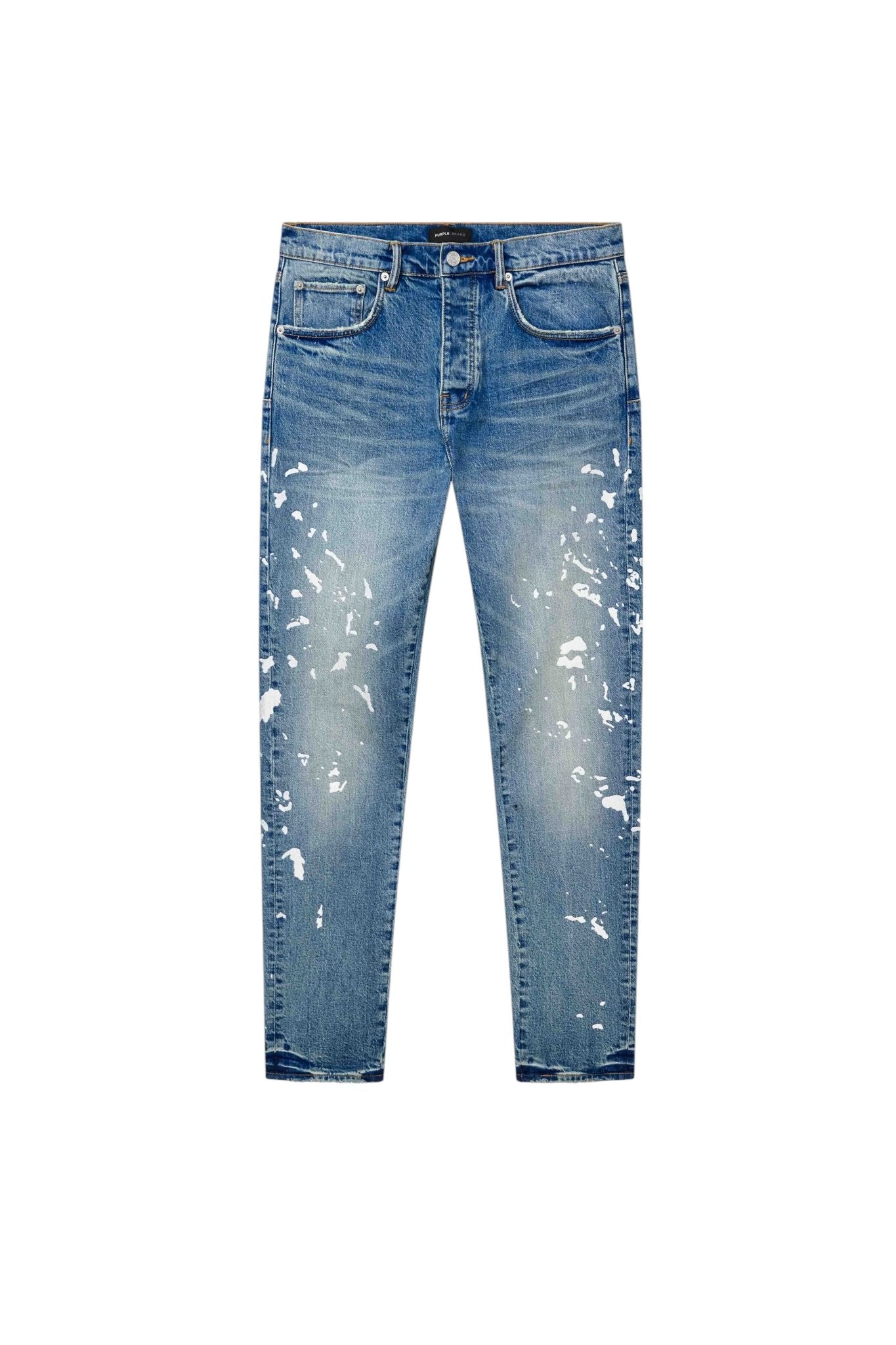 The Purple Brand P005-MGPI Manganese Paint Emb Indigo jeans feature a medium indigo wash with a faded design and paint splatter effect, crafted in premium stretch denim.