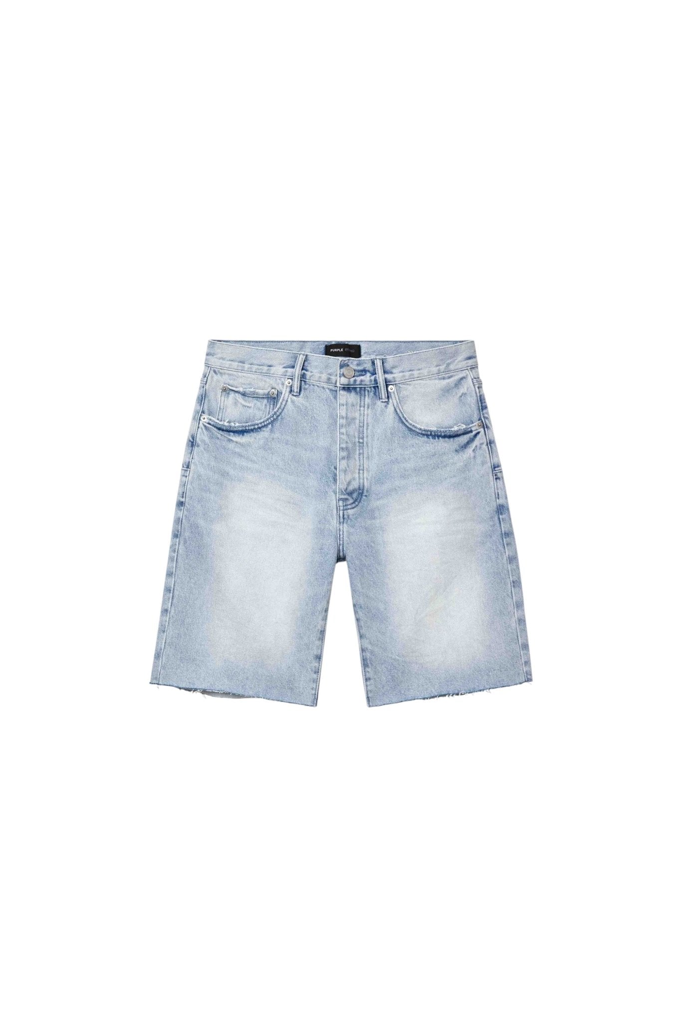 The Purple Brand P059-CBLT Ciel Blue Shorts by PURPLE BRAND feature a light indigo wash with a frayed hem, front zipper, button closure, and five-pocket design for a relaxed fit.