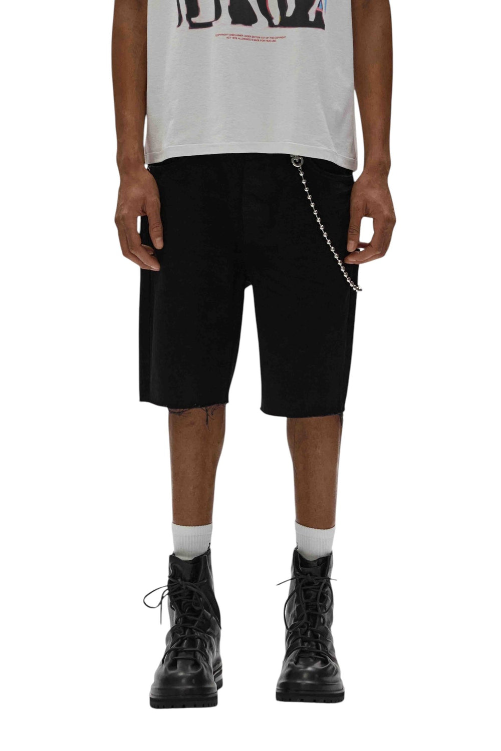 Person wearing a white T-shirt, PURPLE BRAND's Purple Brand P059-MDSB Midnight Shorts Blk with a chain, white socks, and black boots.