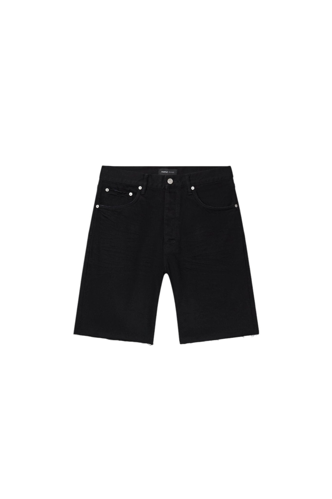 The PURPLE BRAND Purple Brand P059-MDSB Midnight Shorts Blk are relaxed fit black cutoff shorts with a classic five-pocket design set against a crisp white background.