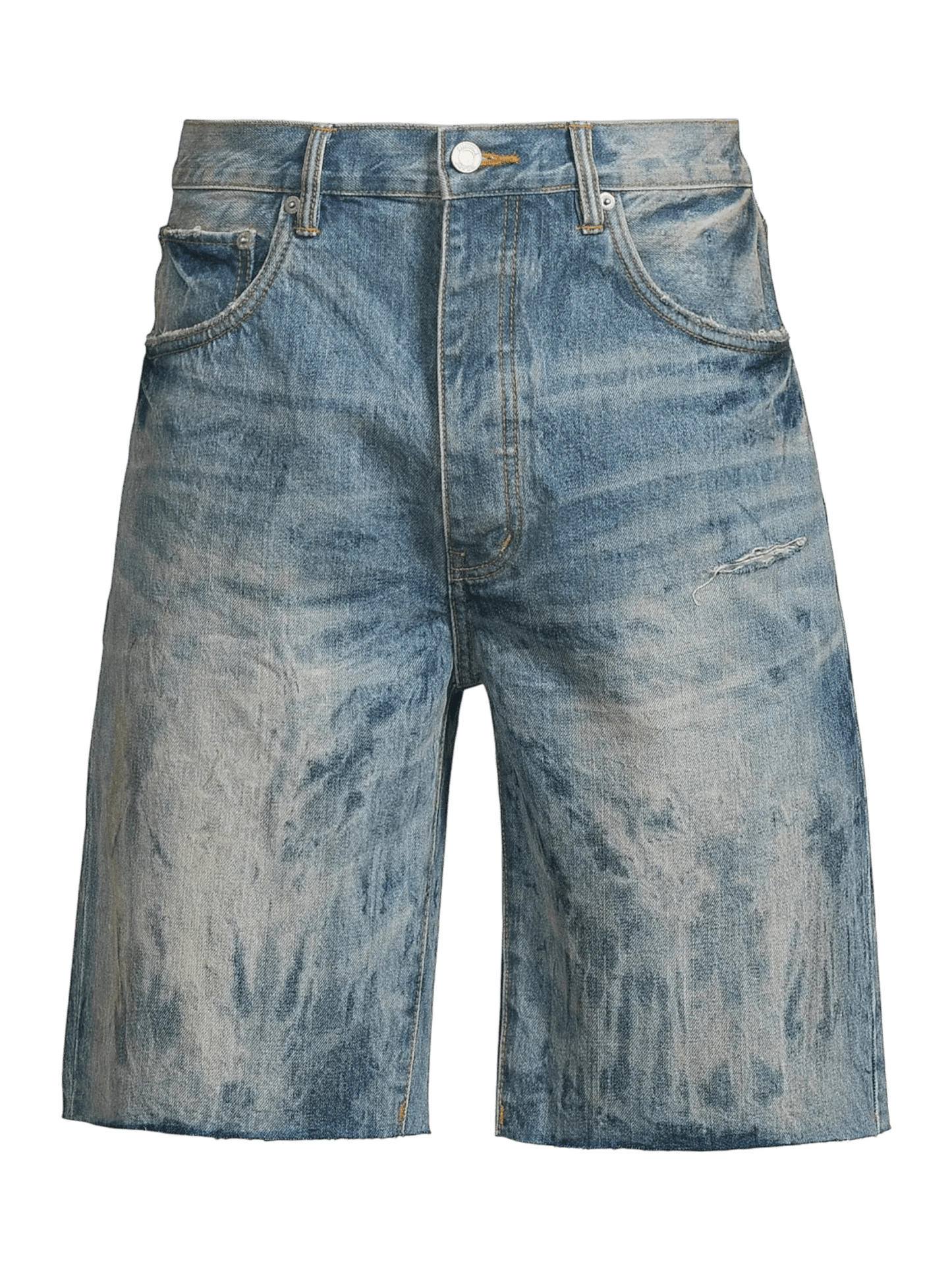 The Purple Brand P059-MXPS Mixed Paint Shorts in Indigo are relaxed-fit, distressed denim shorts featuring a button closure, front pockets, and a faded, worn look.