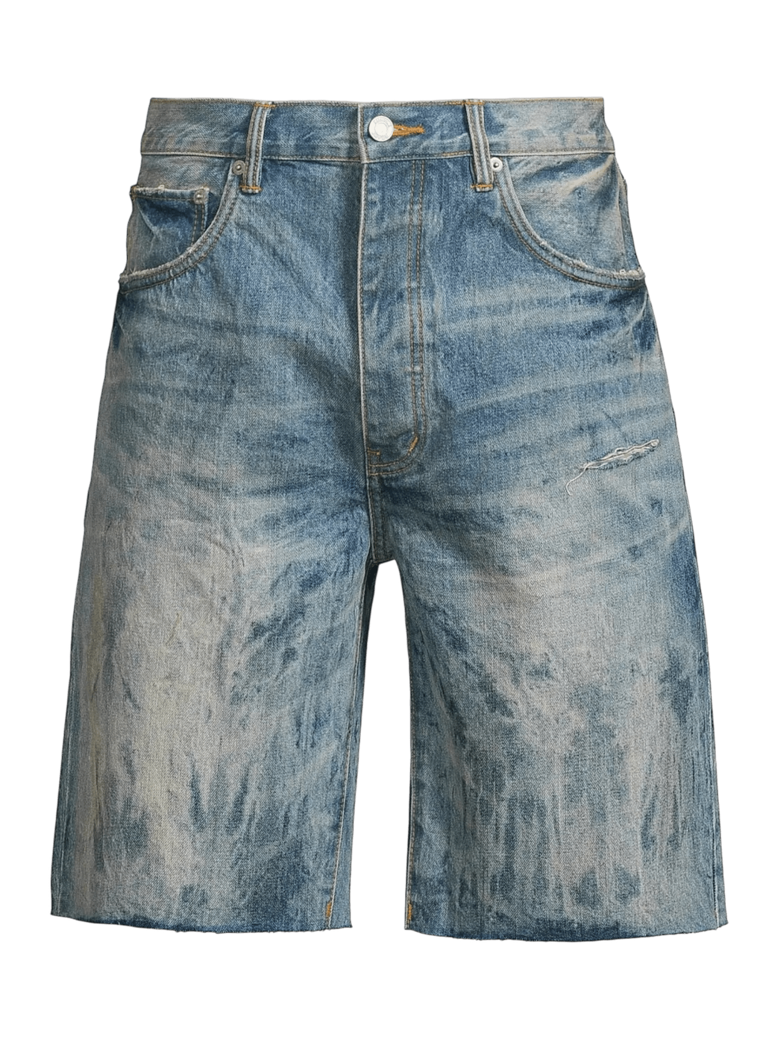 The Purple Brand P059-MXPS Mixed Paint Shorts in Indigo are relaxed-fit, distressed denim shorts featuring a button closure, front pockets, and a faded, worn look.