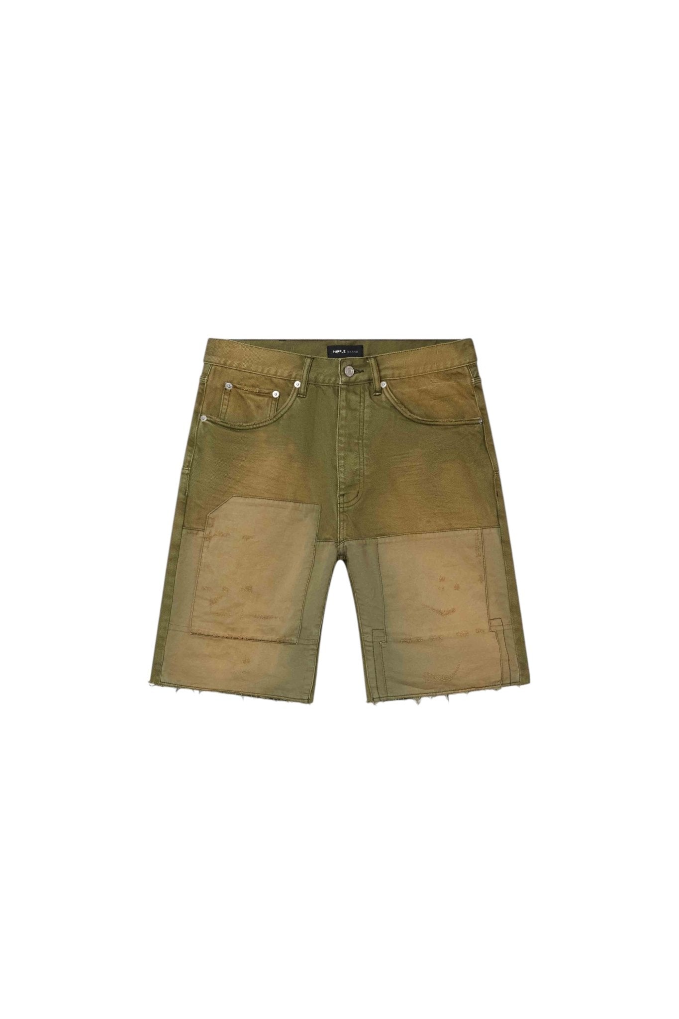 Laid flat on a white background, the Purple Brand P059-PGSO Patchwork Short in overdye green features a relaxed fit with front patch pockets and visible fading, perfect for any casual ensemble.