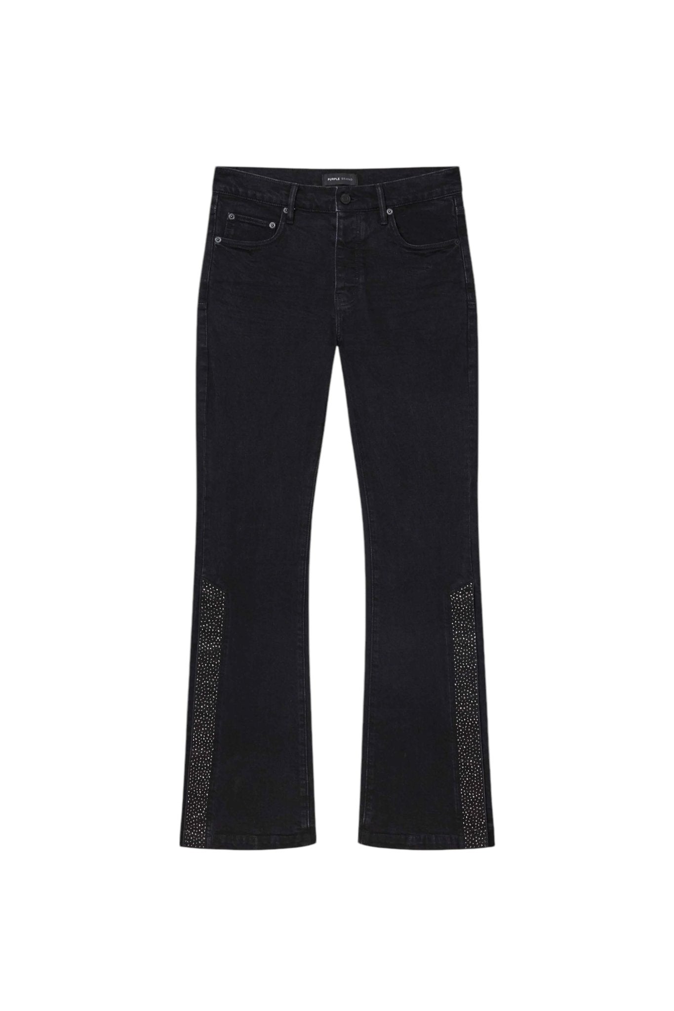 The Purple Brand P067-FCNB Flare Crystal Side Snap Blk jeans boast a low-rise fit, premium stretch fabric, flared legs, and stylish crystal-patterned detailing on the lower parts. A front view showcases pockets and belt loops.