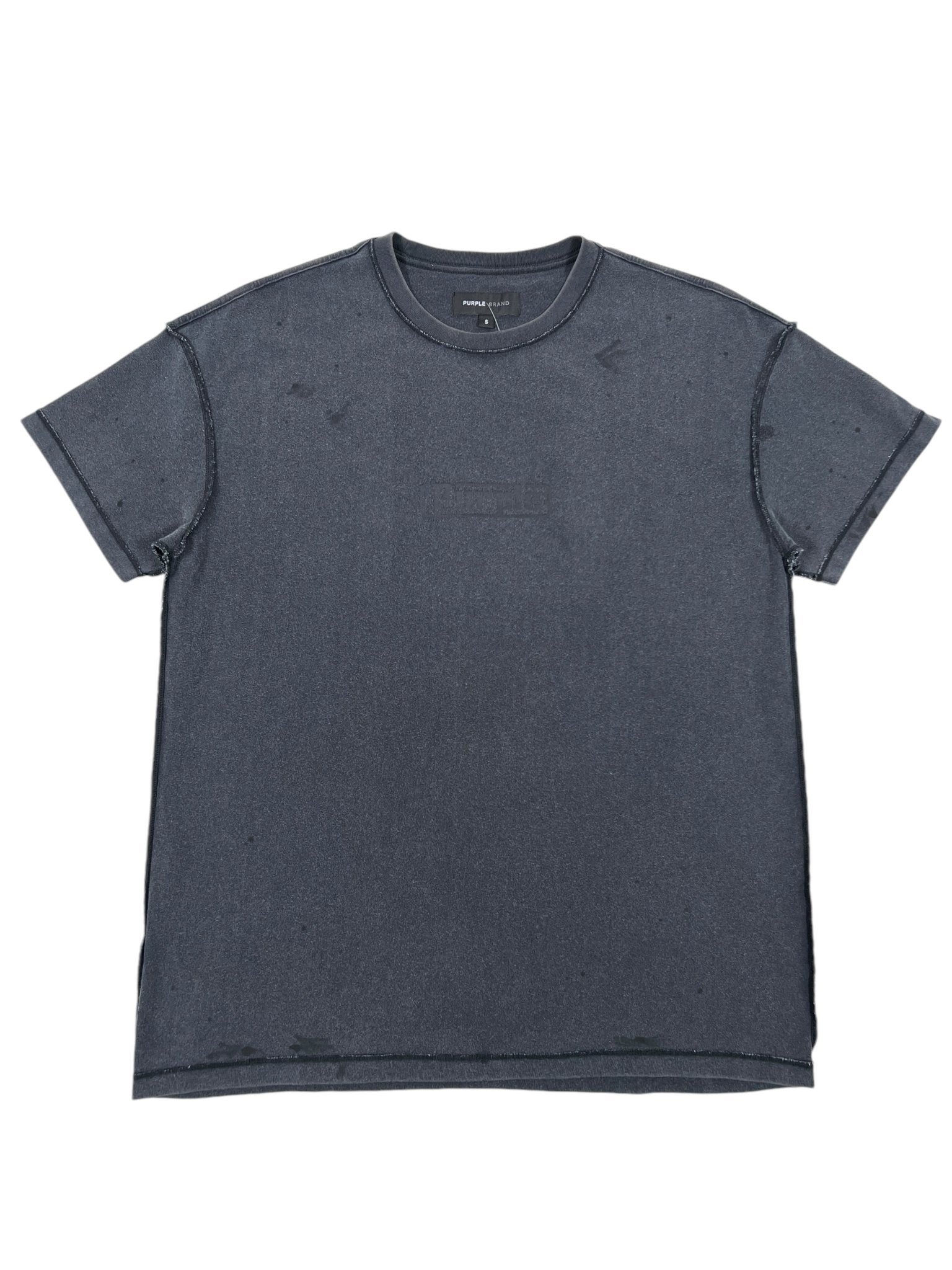 The Purple Brand P101-JBCP Textured Inside Out Tee in black features a simple, dark gray design with a round neckline and is made from 100% cotton, shown on a white background.