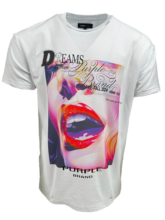 White crewneck tee featuring a colorful graphic of lips and text including "PURPLE BRAND P101-JDBW TEXTURED NSIDE OUT TEE WHITE" on a mannequin.