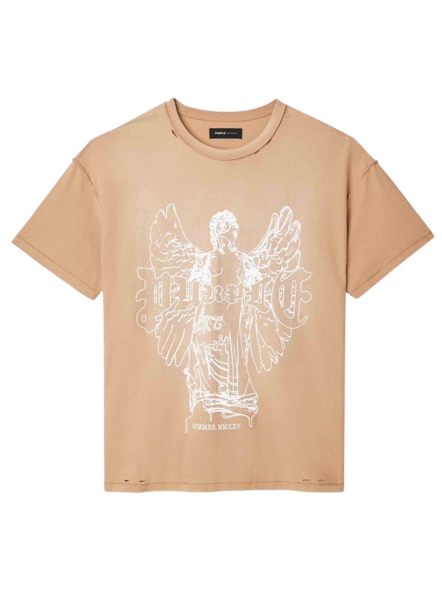 Explore the Purple Brand P101-JTGU Textured Inside Out Tee Tan by PURPLE BRAND. This comfortable jersey knit T-shirt is crafted from 100% cotton and boasts a striking white graphic of a winged figure with bold text, adding a stylish flair to your wardrobe.