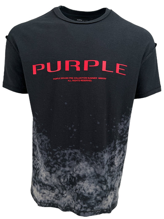 Black jersey knit T-shirt with red "PURPLE" text on the front. The lower part of the shirt features a white speckled pattern. Made from 100% cotton, it proudly showcases the PURPLE BRAND P101-JWBB TEXTURED INSIDE OUT TEE BLACK in vibrant detail.