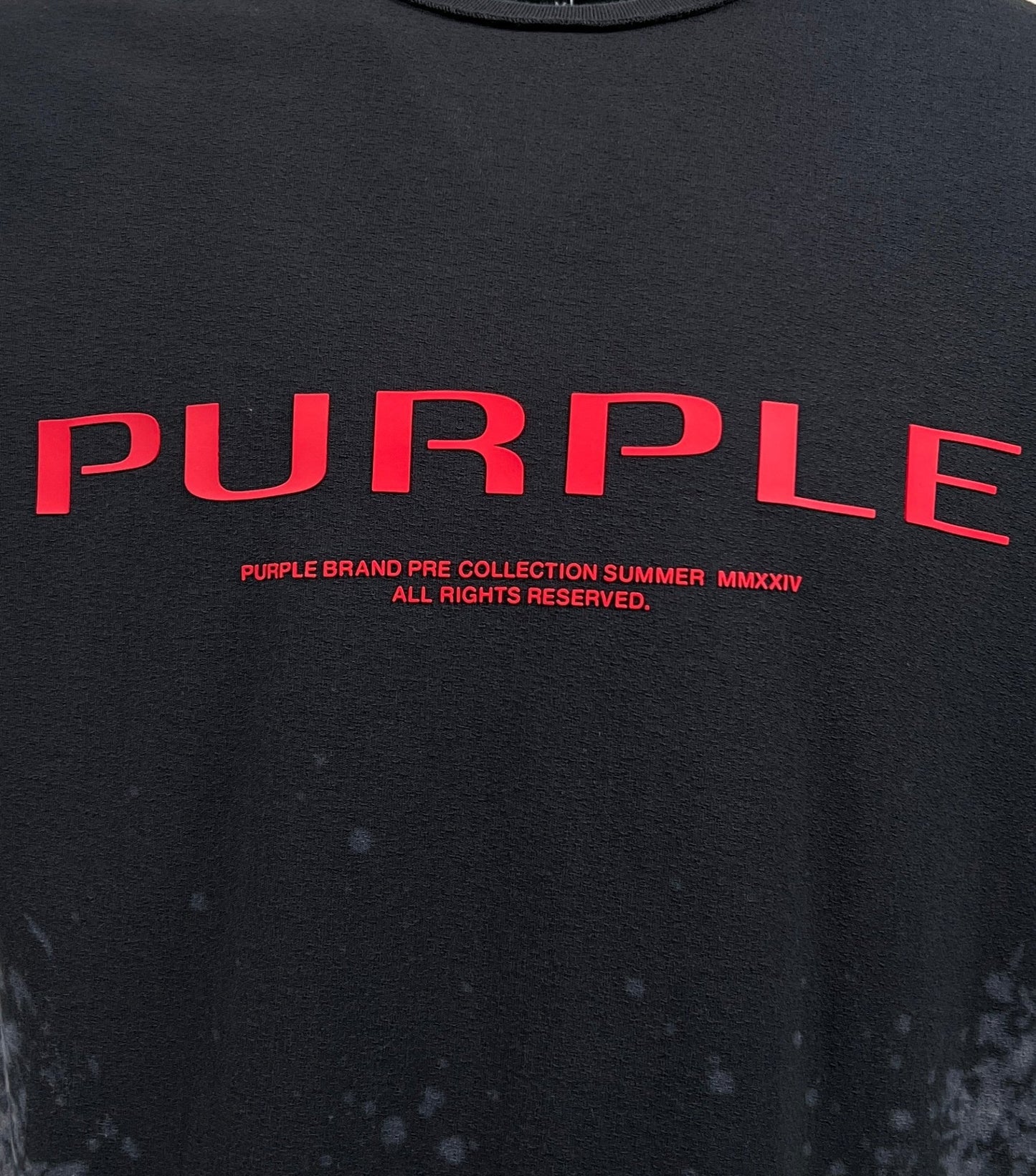 A PURPLE BRAND P101-JWBB TEXTURED INSIDE OUT TEE BLACK with the word "PURPLE" in large red letters, and smaller text beneath stating "Purple Brand Pre Collection Summer MMXXIV All Rights Reserved." Made from 100% cotton.