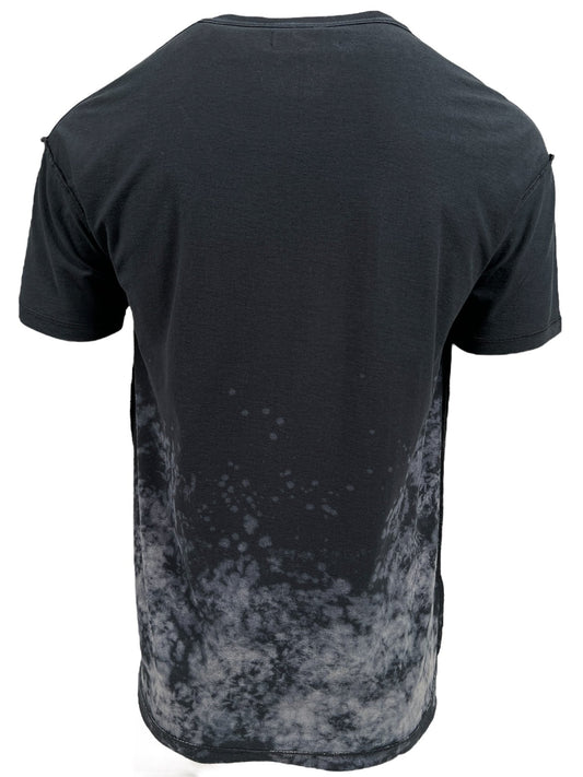 A black PURPLE BRAND P101-JWBB TEXTURED INSIDE OUT TEE BLACK, made of 100% cotton, features a pattern of white speckles on the lower half when viewed from the back. The PURPLE BRAND logo adds a subtle touch above the design.