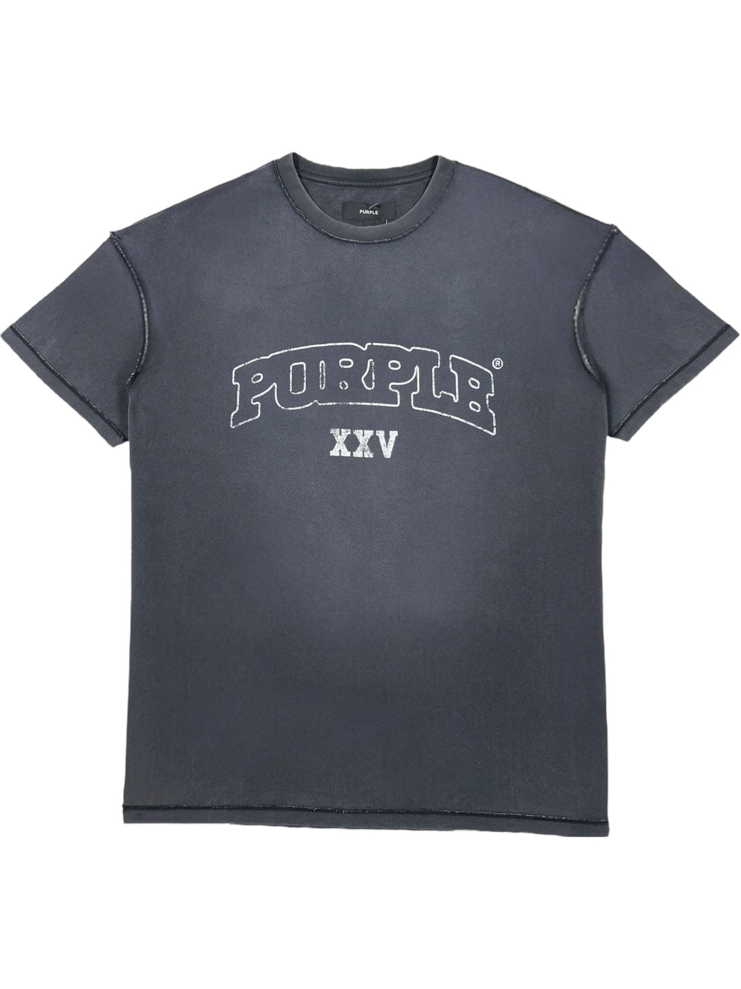 The Purple Brand P101-TBSO425 Textured Inside Out Tee Blk is a dark gray 100% cotton tee featuring "PURPLE" and "XXV" in white on the front center.