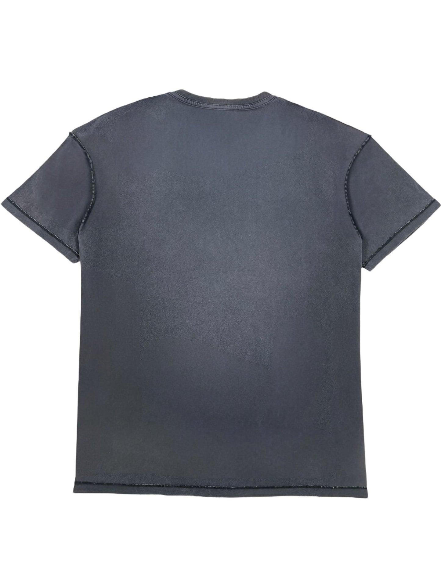 The PURPLE BRAND P101-TBSO425 Textured Inside Out Tee Blk is a short-sleeved, dark gray 100% cotton tee shown from the back, featuring visible edge stitching.