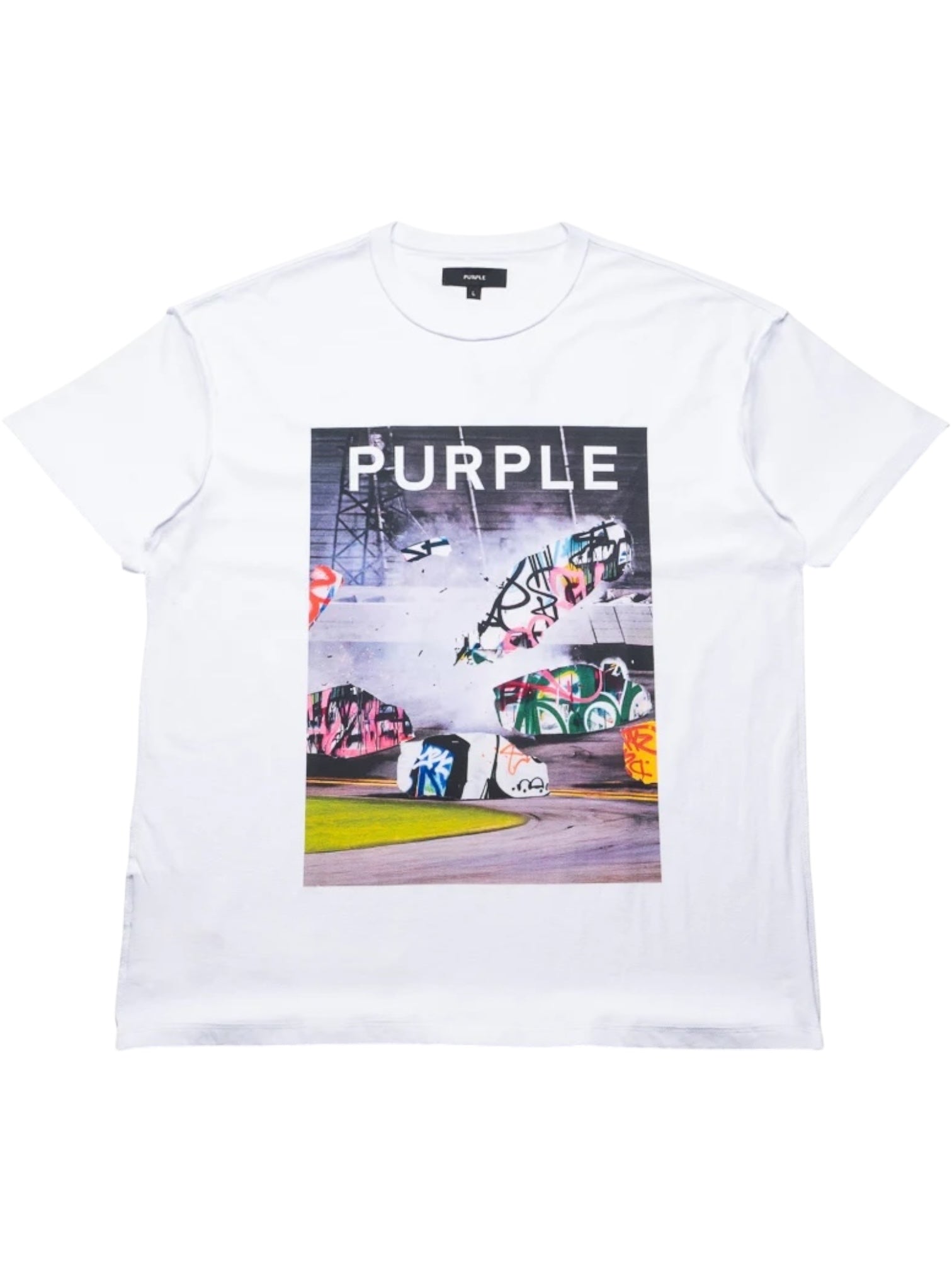 The Purple Brand P101-TWPU325-Inside Out Tee in Brilliant White features a graffiti-style graphic with "PURPLE" in bold on the front. Style code: P101-TWPU325.