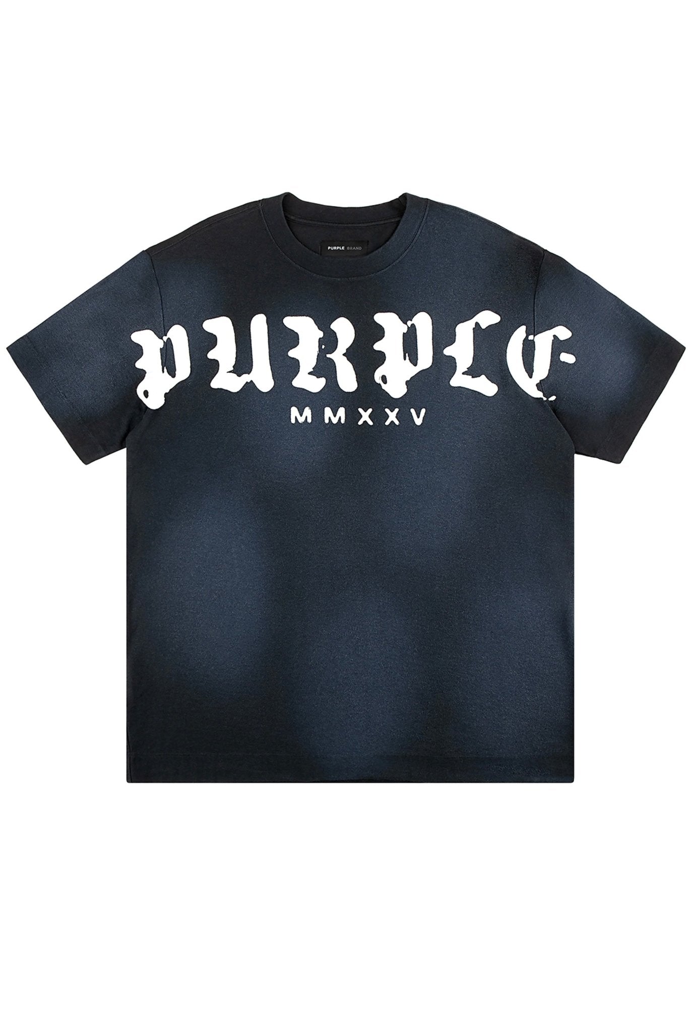 The PURPLE BRAND P104-JBWG Textured Jersey Tee in black is made from 100% cotton, featuring "PURPLE MMXXV" printed in bold white letters on the front.