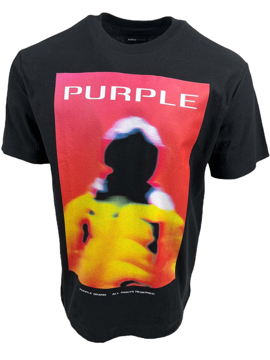 Black PURPLE BRAND P104-JFBB Textured Jersey Tee with a colorful abstract design and the Purple Brand logo printed in bold white letters at the top.
