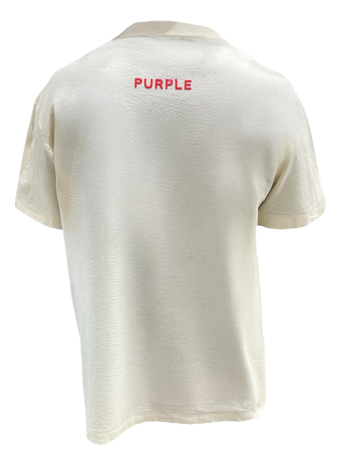 A back view of the Purple Brand P104-JGAW Textured Jersey Short Sleeve Tee in white, featuring a red "PURPLE" graphic on the upper back. The T-shirt is made of 100% cotton.