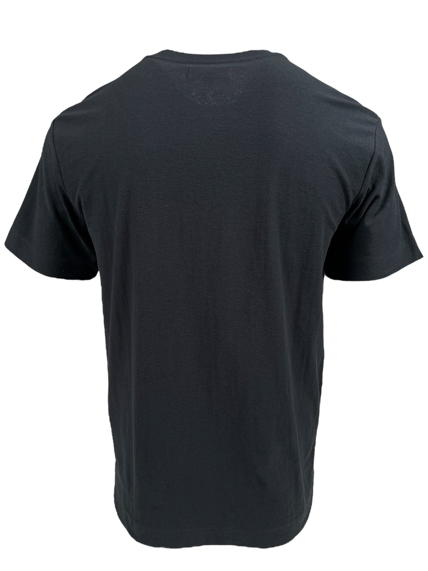 A back view of the Purple Brand P104-JGBB Textured Jersey Tee in black, highlighting the gothic logo, displayed on a white background.