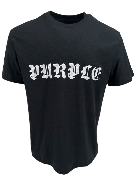 Purple Brand P104-JGBB Textured Jersey Tee Black with the word "purlife" in ornate white gothic lettering on the front.