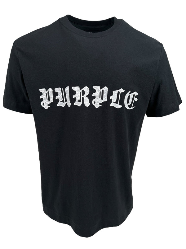 The Purple Brand P104-JGBB Textured Jersey Tee in black is a high-quality T-shirt made from 100% cotton, showcasing the "PURPLE" name in an eye-catching white Gothic font across the chest.