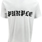 The Purple Brand P104-JGBW Textured Jersey Tee in white displays the word "PURPLE" in prominent black gothic letters across the front. Crafted from 100% cotton, it embodies PURPLE BRAND's distinctive style and emphasis on comfort.