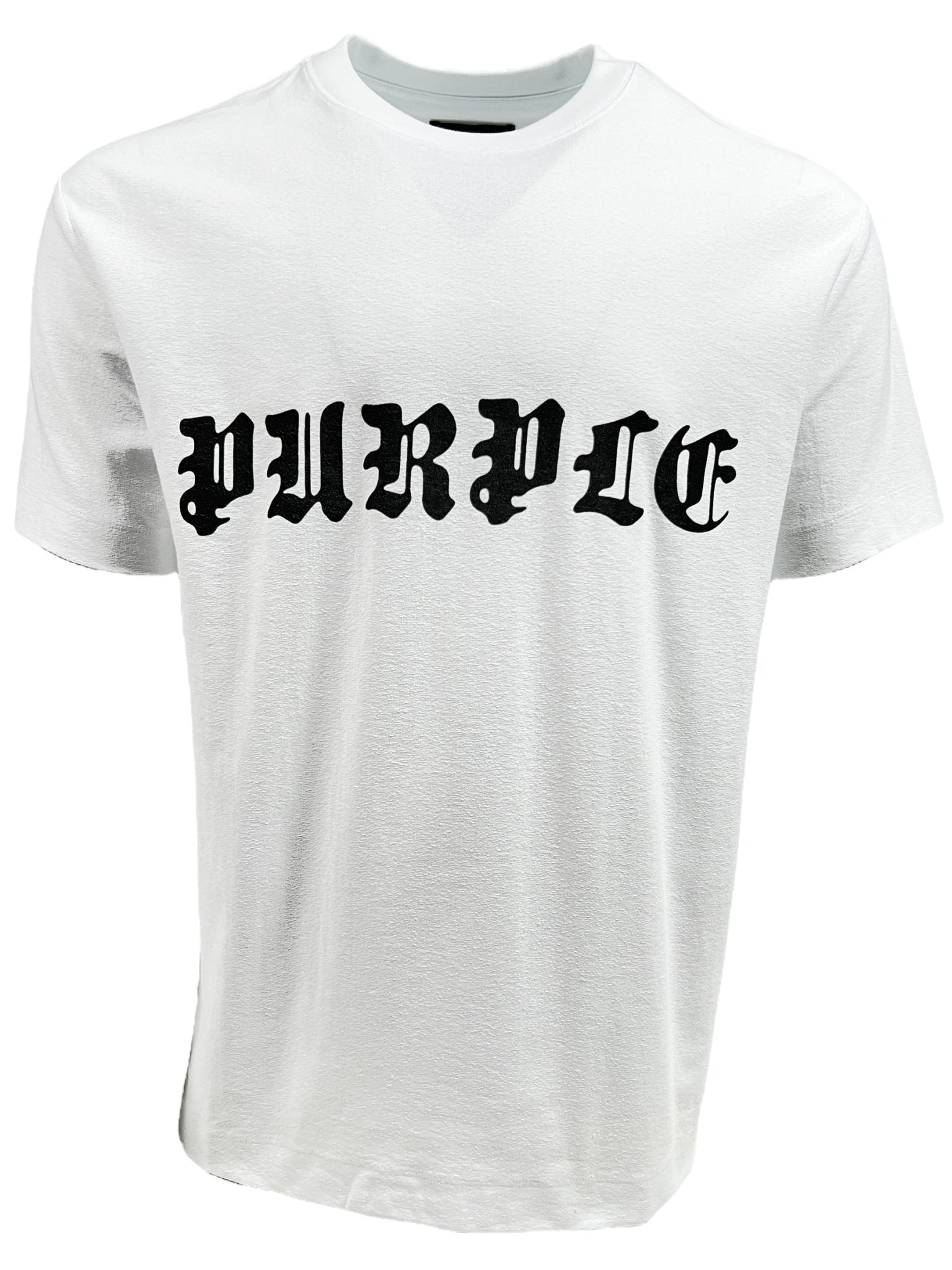 The Purple Brand P104-JGBW Textured Jersey Tee in white displays the word "PURPLE" in prominent black gothic letters across the front. Crafted from 100% cotton, it embodies PURPLE BRAND's distinctive style and emphasis on comfort.