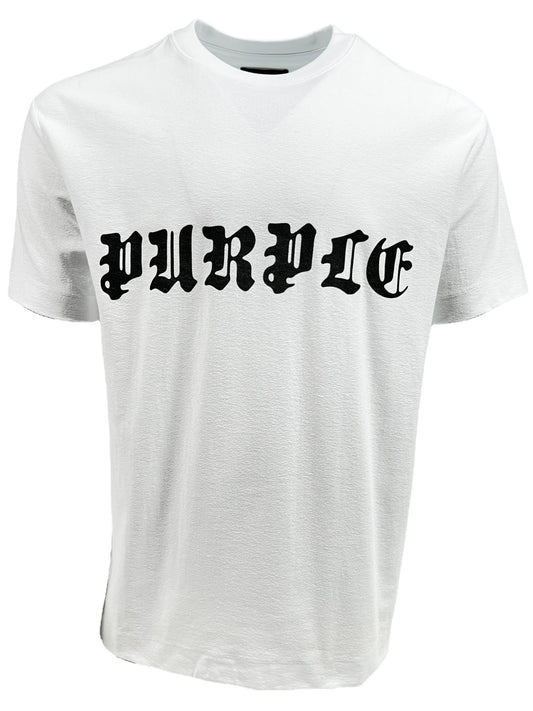 PURPLE BRAND P104-JGBW TEXTURED JERSEY TEE WHITE/ made from 100% cotton, featuring the word "PURPLE" written in bold, black gothic-style font across the chest. This premium white jersey knit shirt also showcases the iconic Purple Brand logo.