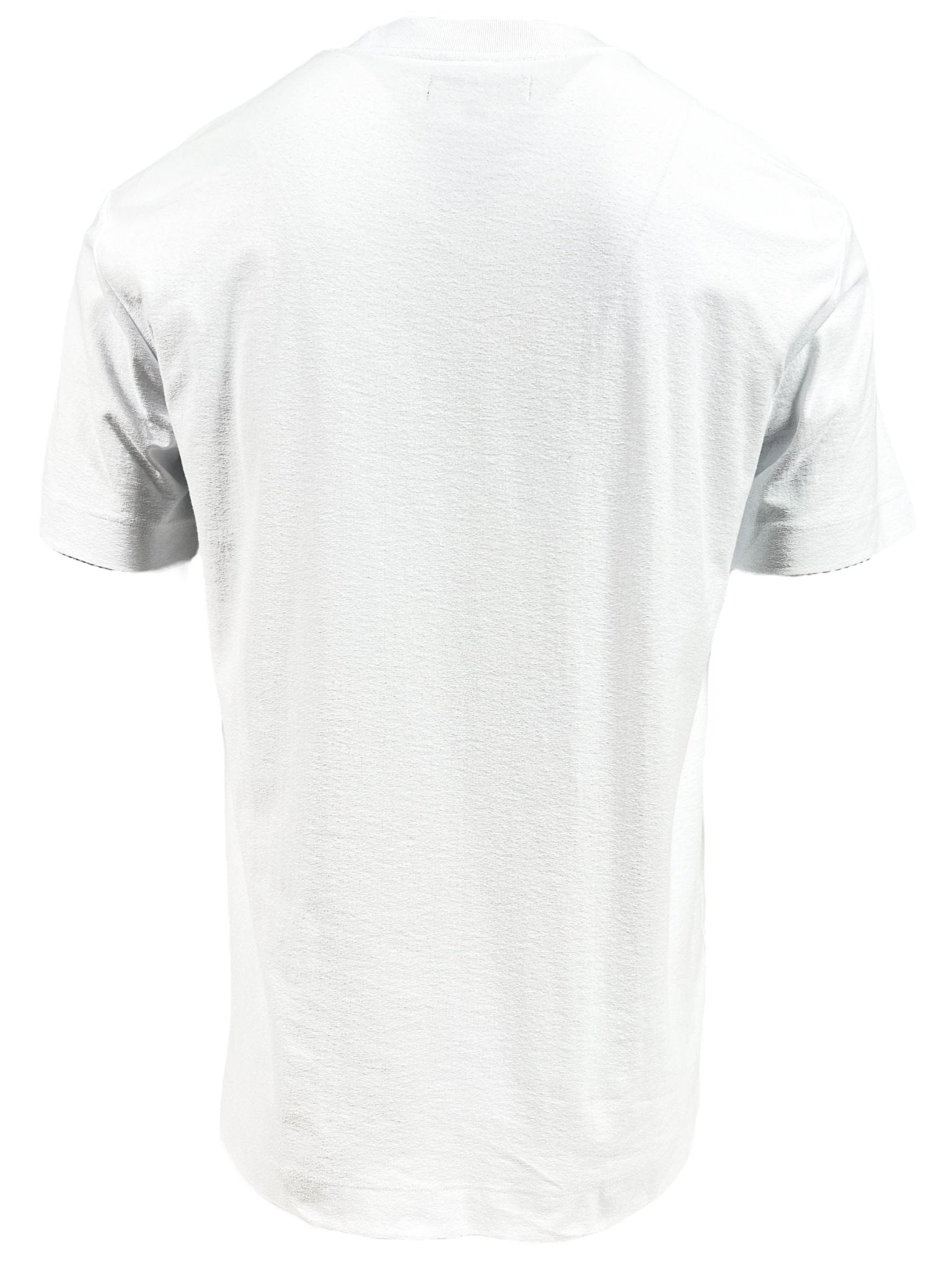 Back view of the Purple Brand P104-JGBW Textured Jersey Tee White on a flat surface, crafted from soft white jersey knit and made with 100% cotton for ultimate comfort.