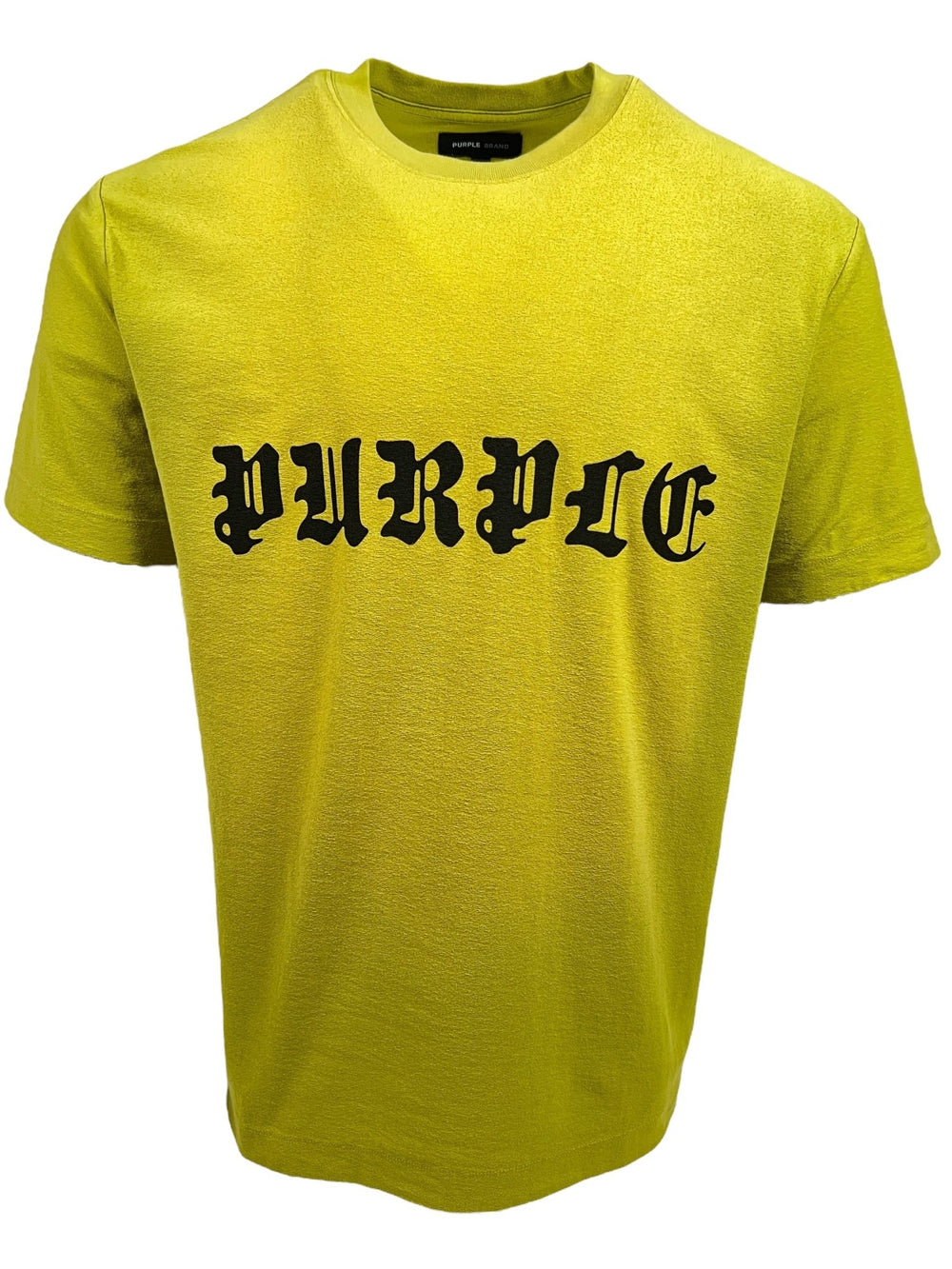 Green T-shirt crafted from 100% cotton, featuring "PURPLE" in black Gothic letters on the front.