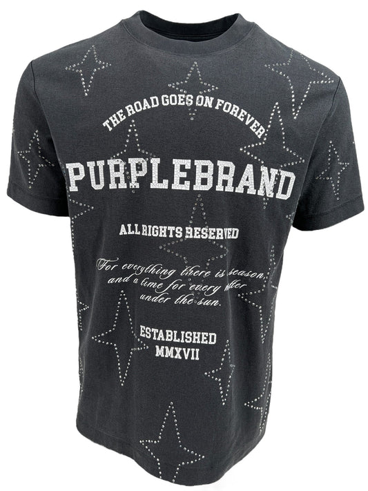 PURPLE BRAND P104-JSCB TEXTURED JERSEY TEE BLACK with white text and crystal star patterns. The text on the graphic tee includes "Purplebrand," "The road goes on forever," "All rights reserved," a quote, and "Established MMXVII.