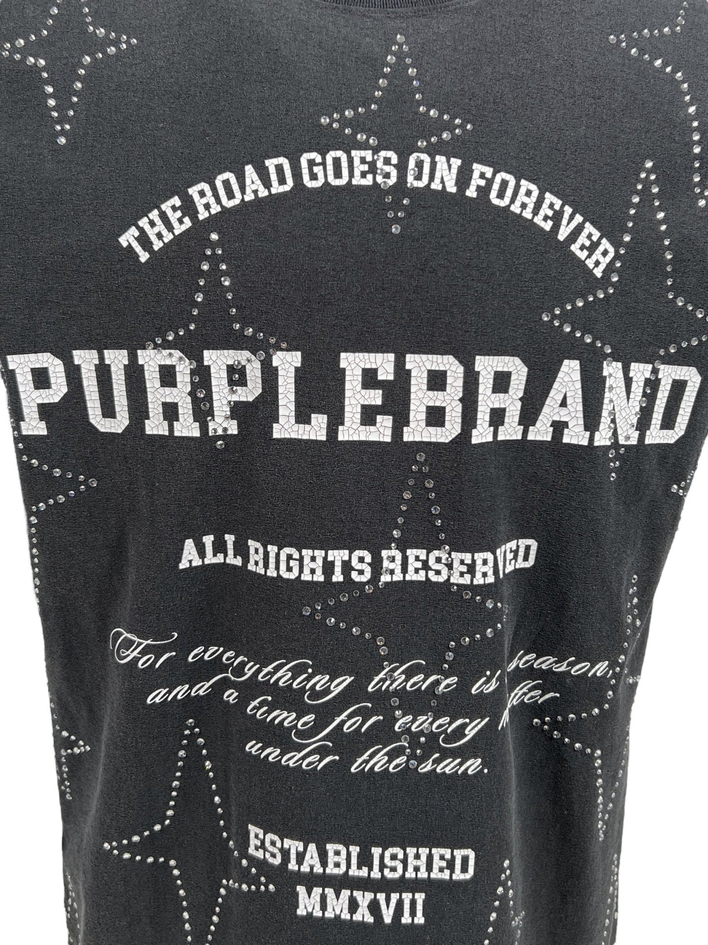 Black cotton graphic tee with white text and crystal stars, reading: "The road goes on forever," "Purple Brand," "All rights reserved," "For everything there is a season; and a time for every matter under the sun," "Established MMXVII.

PURPLE BRAND P104-JSCB TEXTURED JERSEY TEE BLACK
Brand Name: PURPLE BRAND