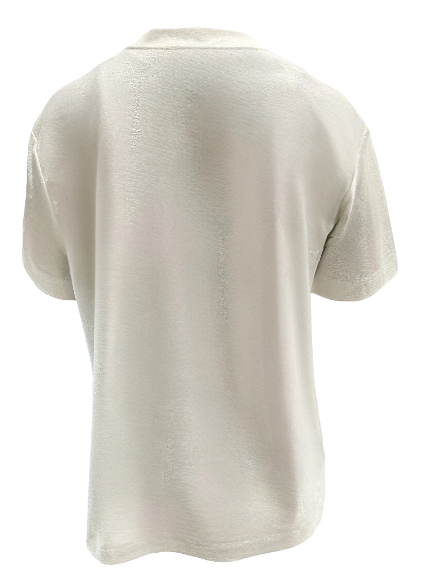 An off-white Purple Brand P104-JWCM Textured Jersey Short Sleeve Tee from PURPLE BRAND is displayed, showcasing the back view. The 100% cotton fabric appears light and slightly textured.