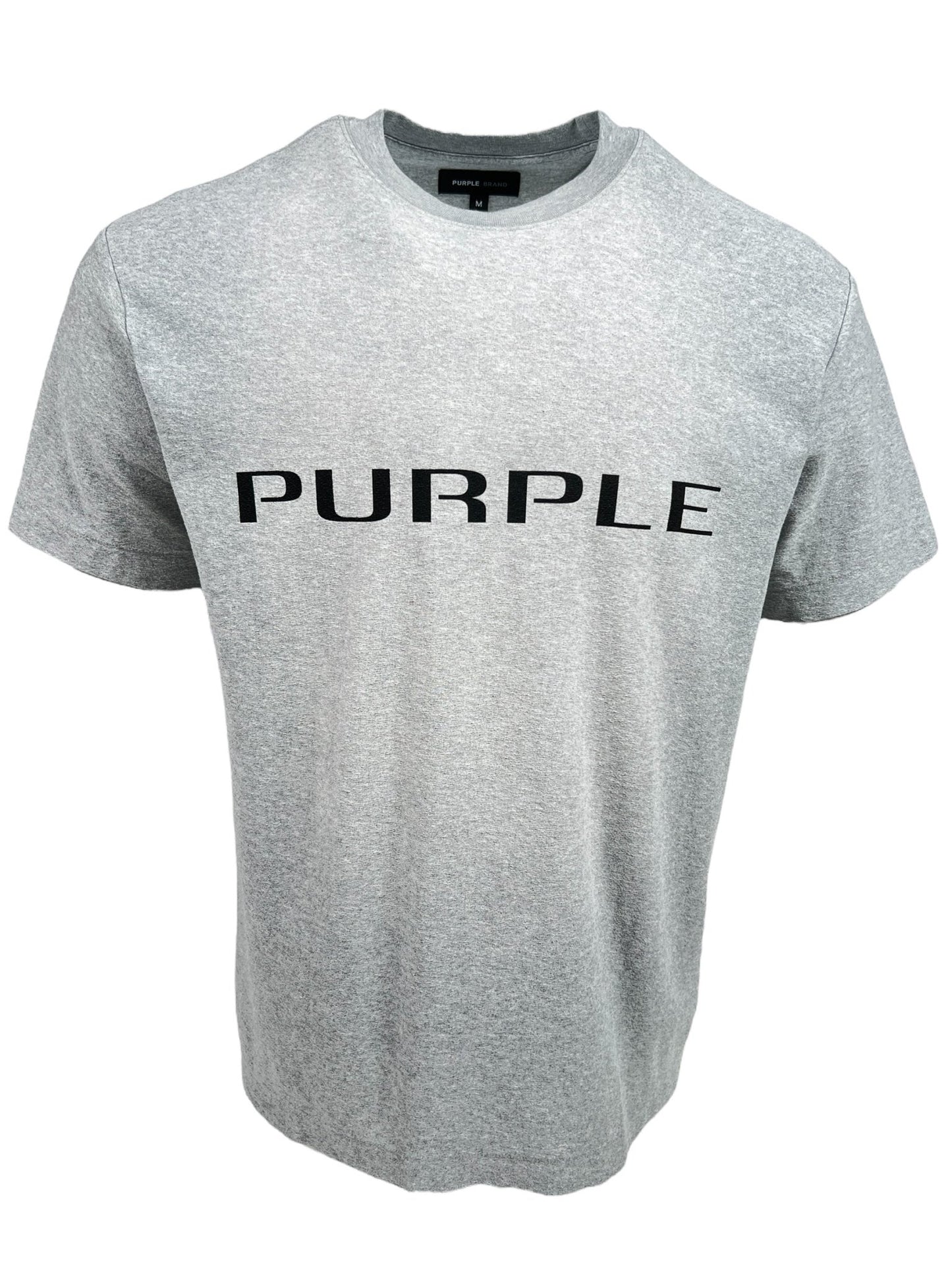 Gray tee made from 100% cotton jersey knit with "PURPLE" printed in bold black letters on the front, capturing the minimalist style of the Purple Brand P104-JWHG Textured Jersey Tee Heather.