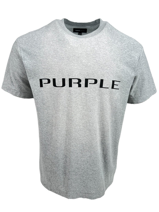 Gray crewneck tee with the word "PURPLE" printed in black across the chest, displayed on a white background.