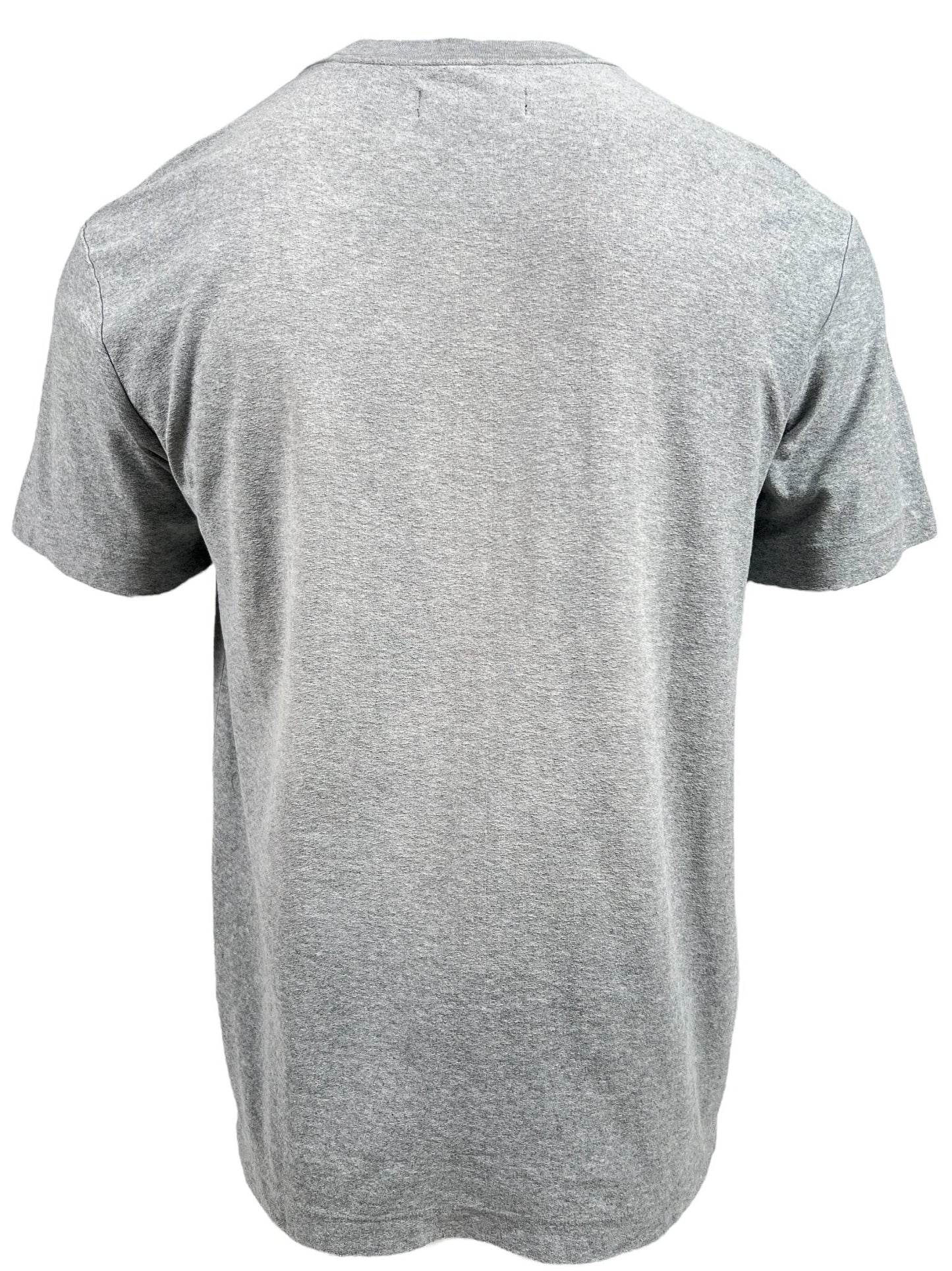 The image displays the back view of the PURPLE BRAND P104-JWHG Textured Jersey Tee Heather, made from 100% cotton, highlighting Purple Brand's commitment to quality.