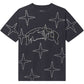 The PURPLE BRAND P104-TBCS325-Textured SS Tee Black Beauty is a black crewneck tee with white dotted star outlines, an abstract central dotted line graphic, and hotfix crystals for added shine.