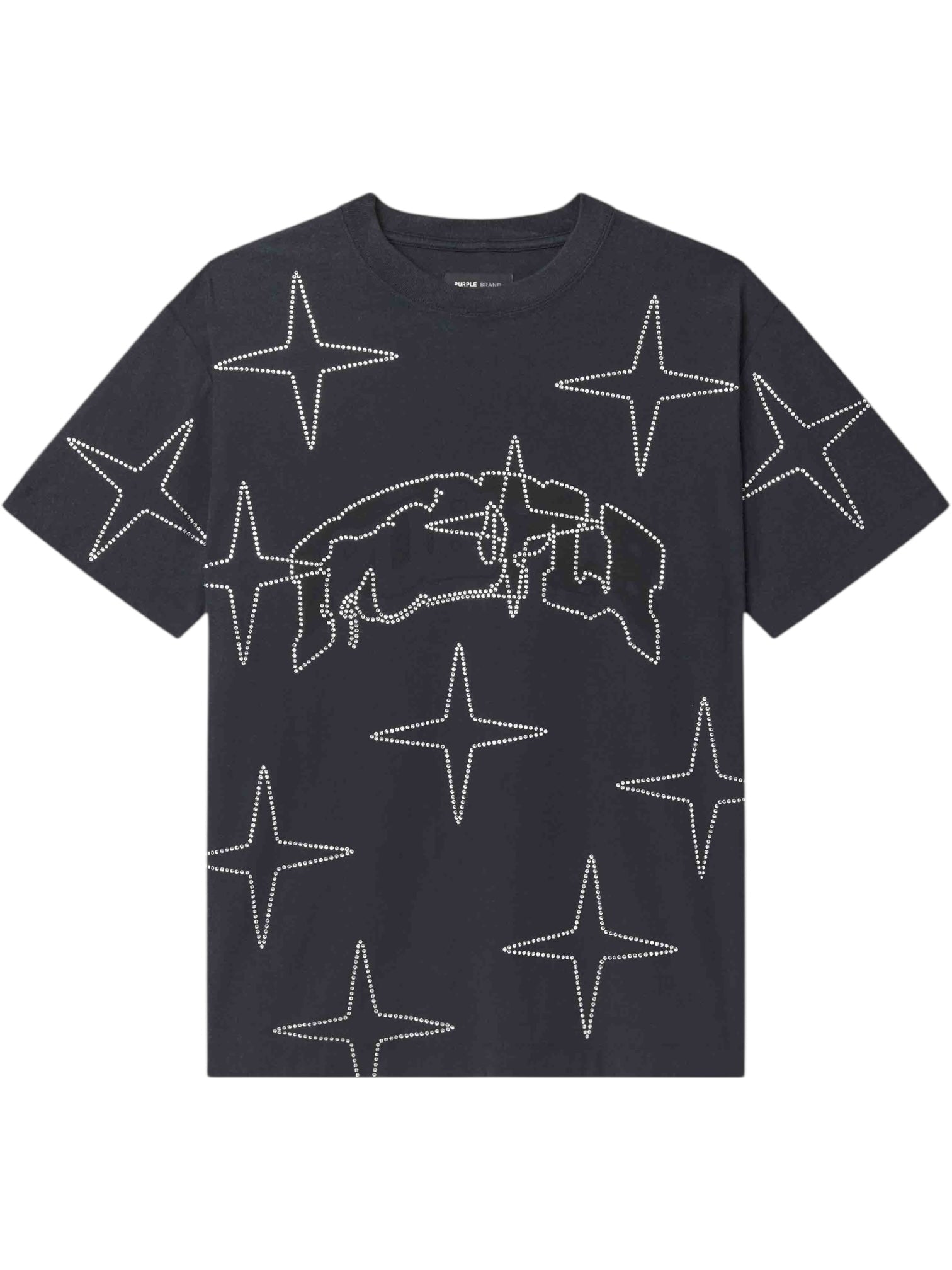 The PURPLE BRAND P104-TBCS325-Textured SS Tee Black Beauty is a black crewneck tee with white dotted star outlines, an abstract central dotted line graphic, and hotfix crystals for added shine.